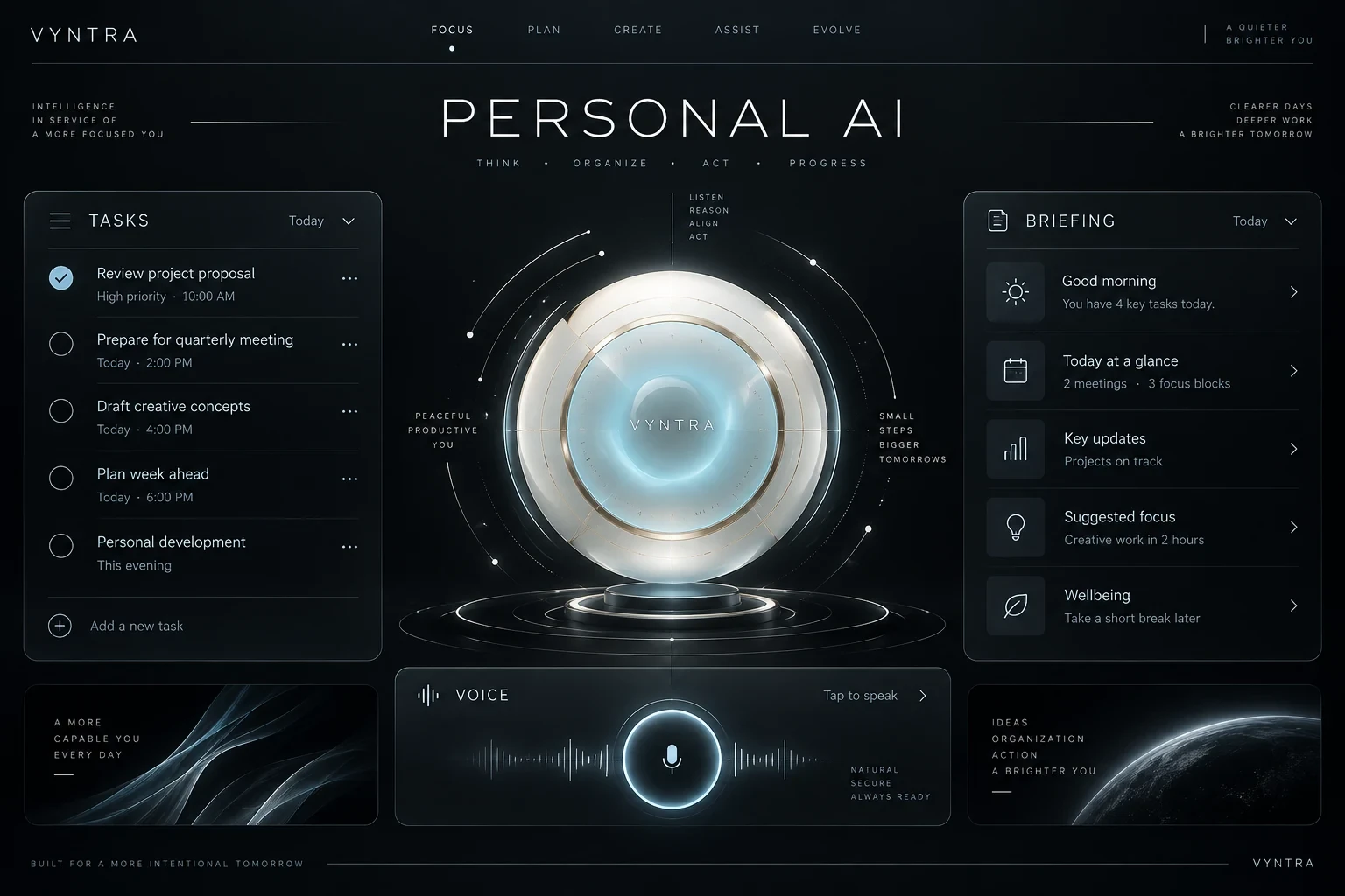 A simple personal AI OS concept: a task list for today on the left, a glowing assistant orb in the centre with a voice control below, and a morning briefing on the right with today at a glance, key updates, suggested focus and a wellbeing reminder.