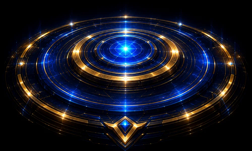 A calm glowing ring platform in deep space
