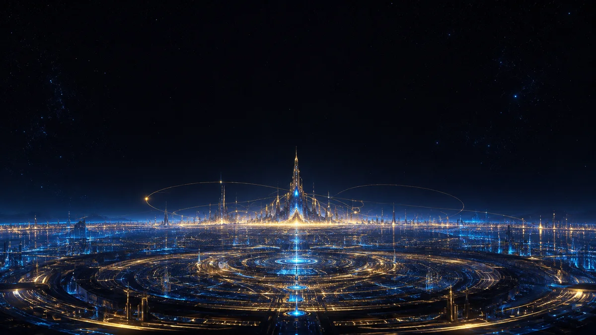 A city of light beneath gold orbital arcs — the Vyntra world