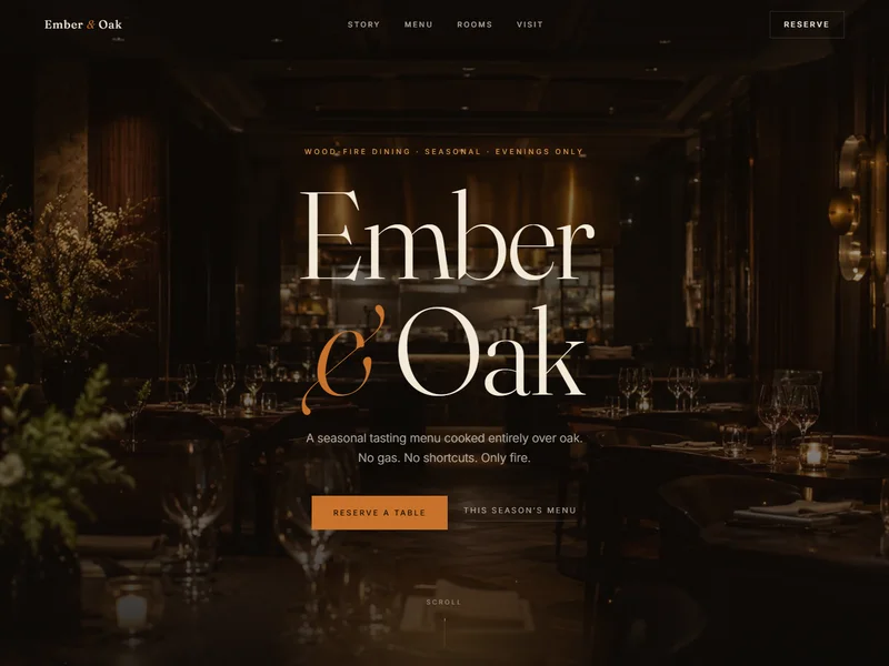 Ember & Oak — candlelit fine-dining one-pager with oversized serif display type