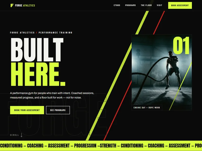 Forge Athletics — high-contrast volt and black performance gym one-pager