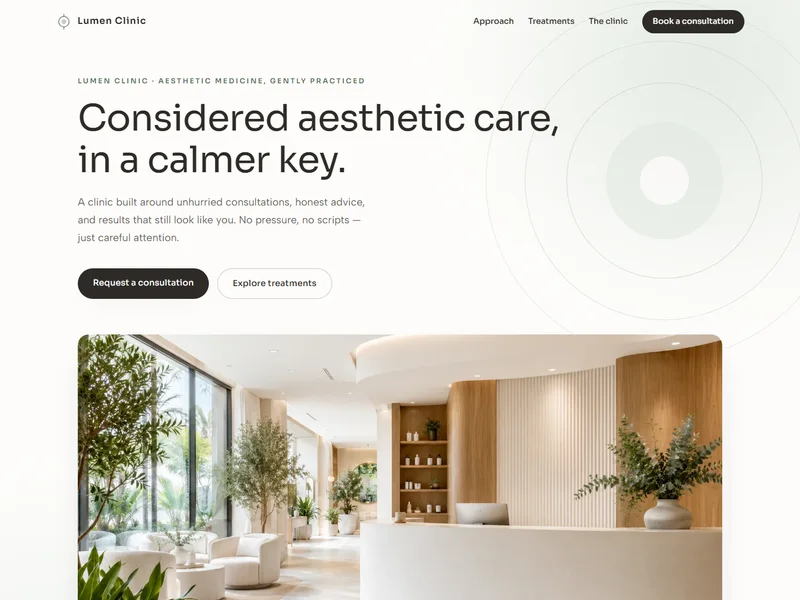 Lumen Clinic — calm white-and-sage aesthetic clinic one-pager