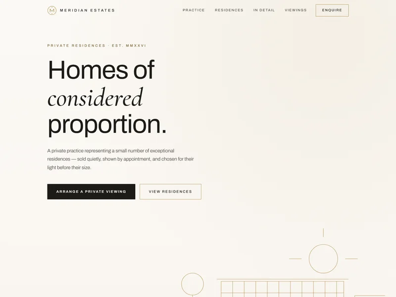 Meridian Estates — warm-white luxury real-estate one-pager with gold architectural line art