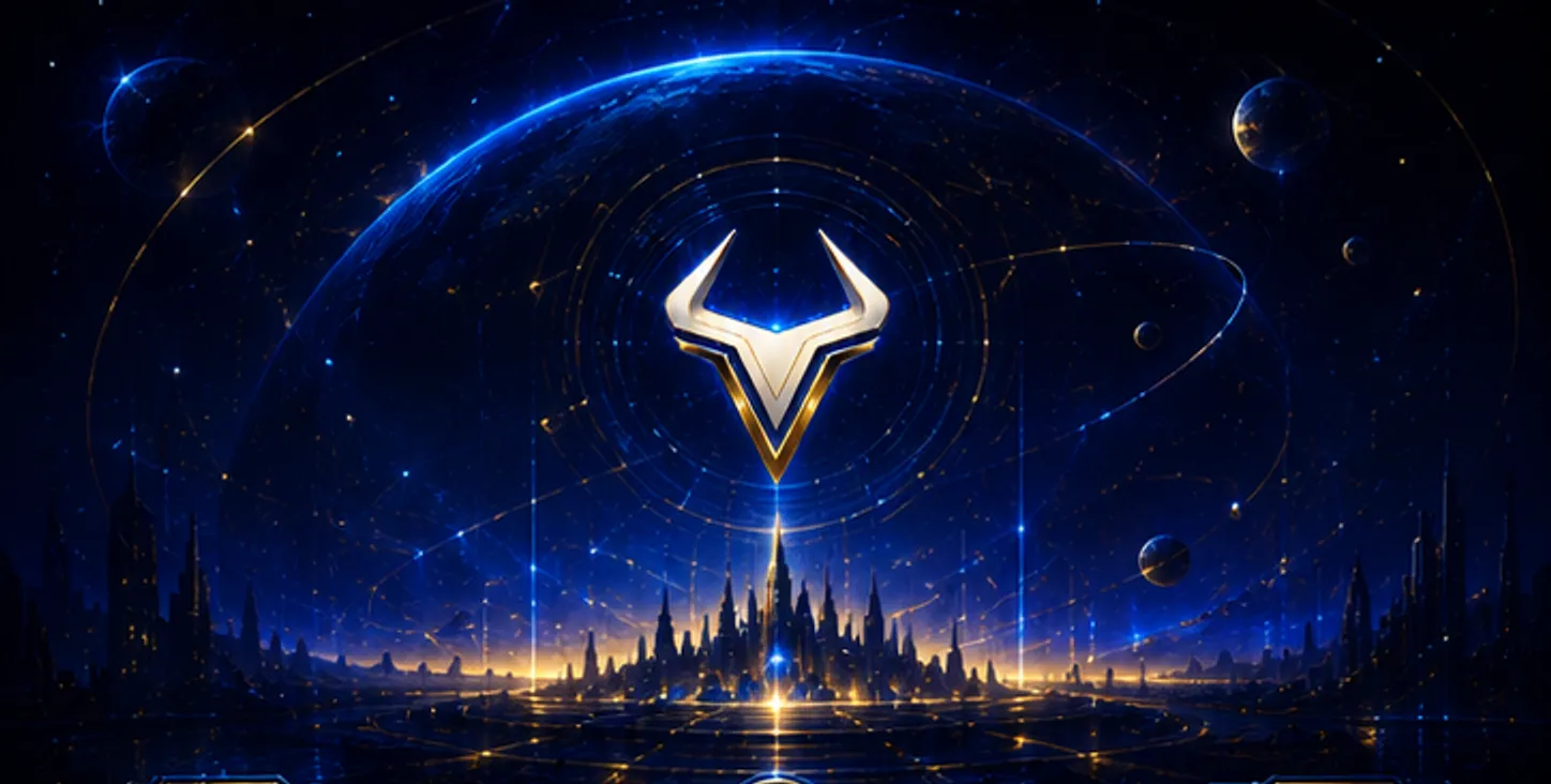 A glowing golden city-of-light skyline beneath the Vyntra bull emblem
