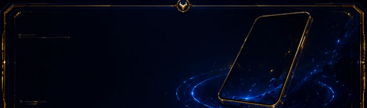 A gold-framed 3D phone mockup floating over a glowing ring platform