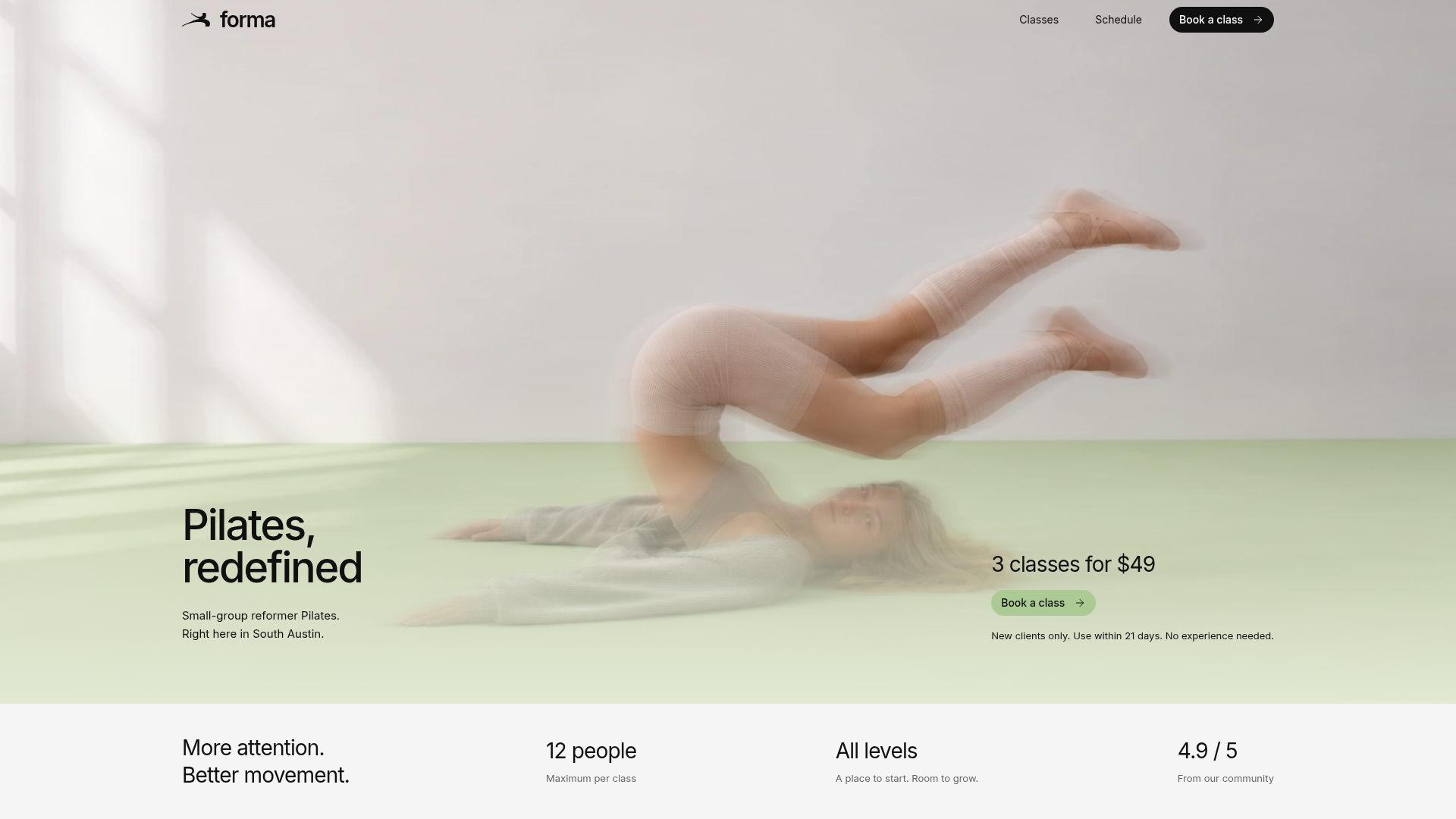 Screenshot of the live Forma Pilates website reference