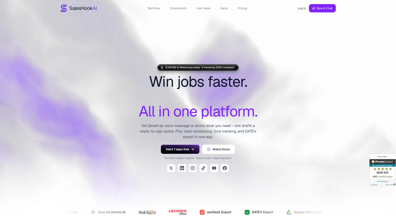 Screenshot of the live SalesHookAI website reference