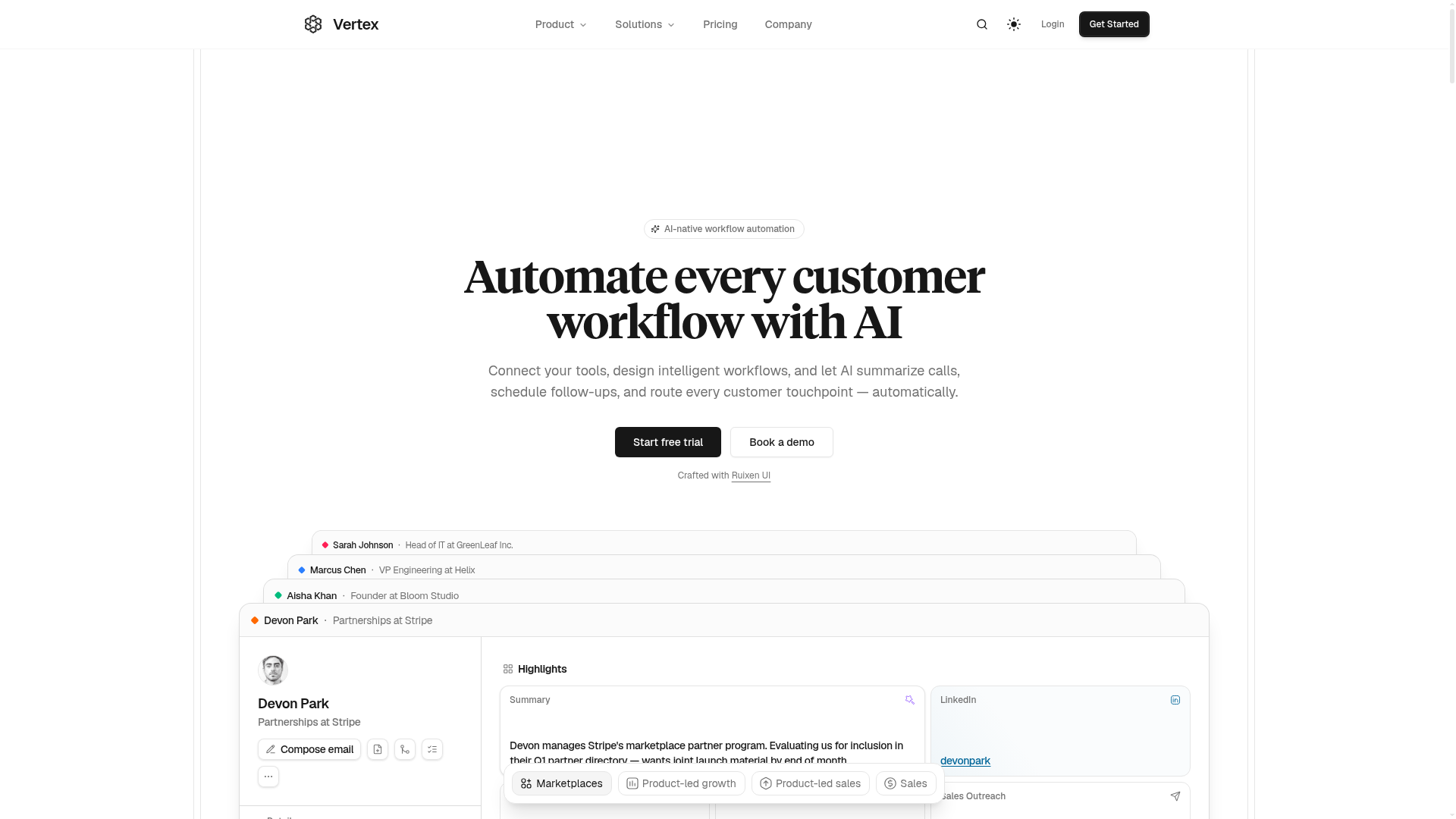 Screenshot of the live Vertex website reference