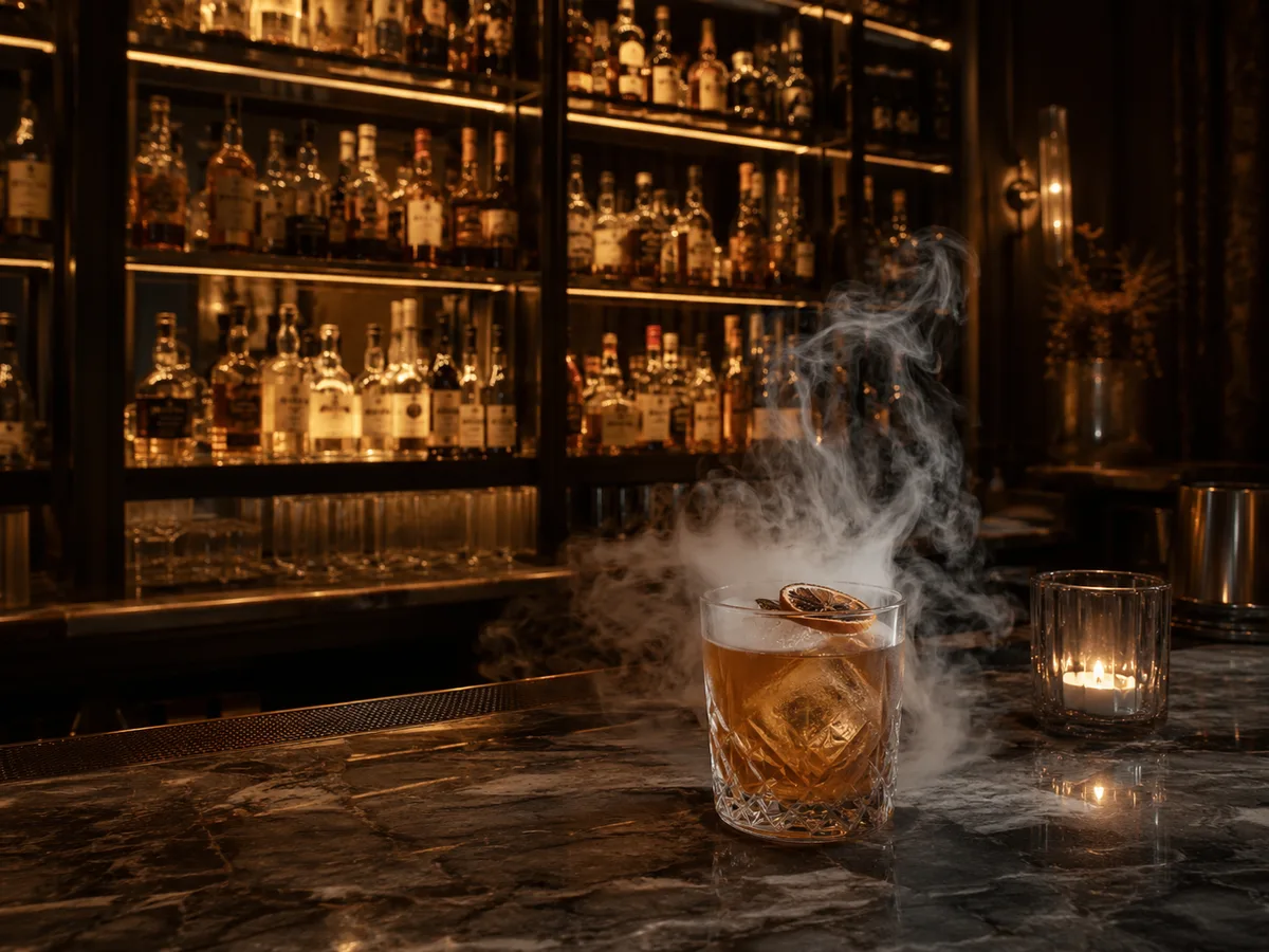 A smoked cocktail on the bar, backlit by the whisky wall
