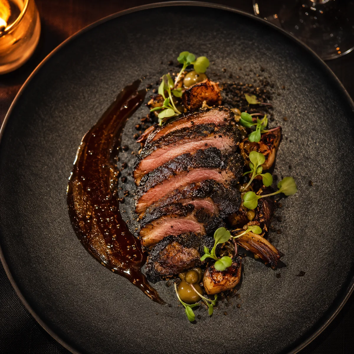Sliced dry-aged duck on dark ceramic, seen from above at the pass