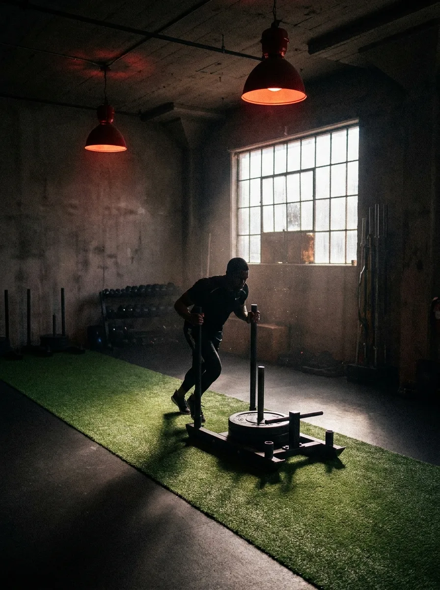 Athlete pushing a loaded sled down the 20-meter turf lane in an industrial gym