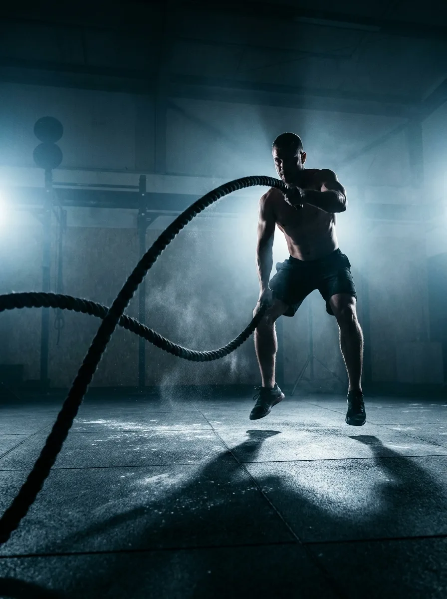 Athlete mid-jump slamming battle ropes on a dark training floor, backlit by cold blue light