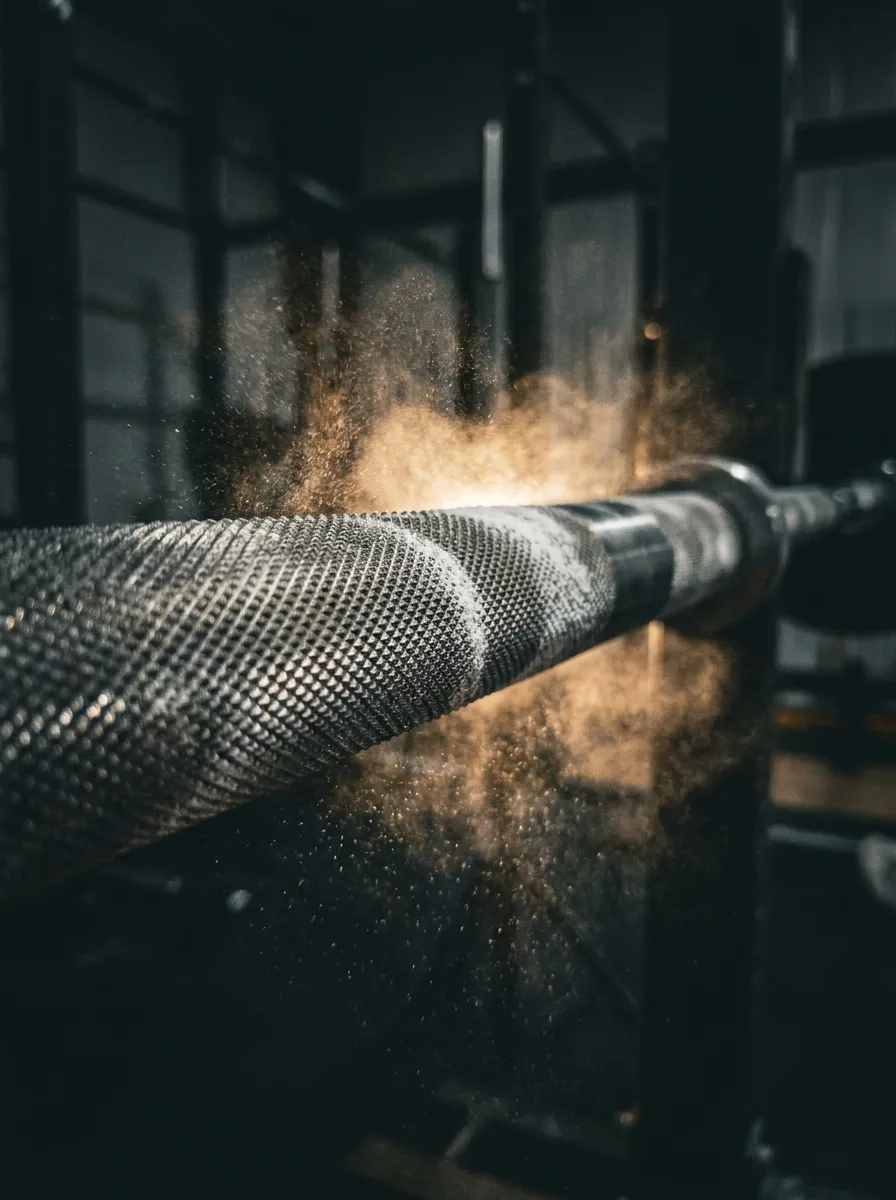 Close-up of chalked barbell knurling with a burst of chalk dust in a dark gym