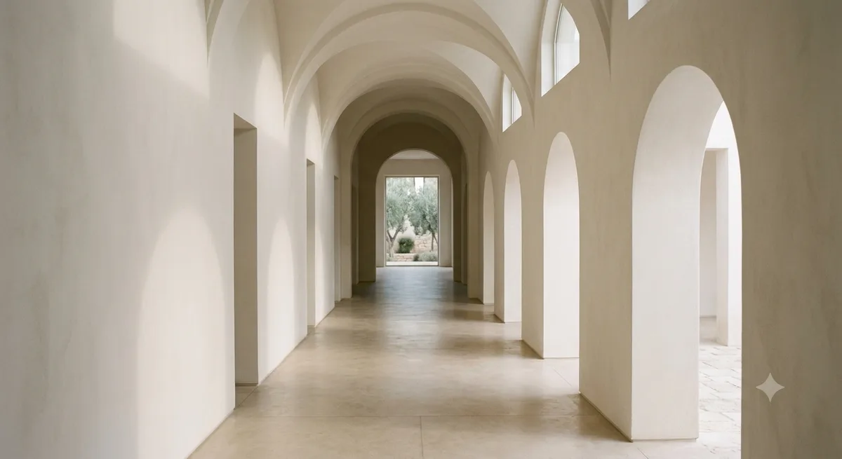 A white arched corridor in soft daylight, opening onto a courtyard of olive trees