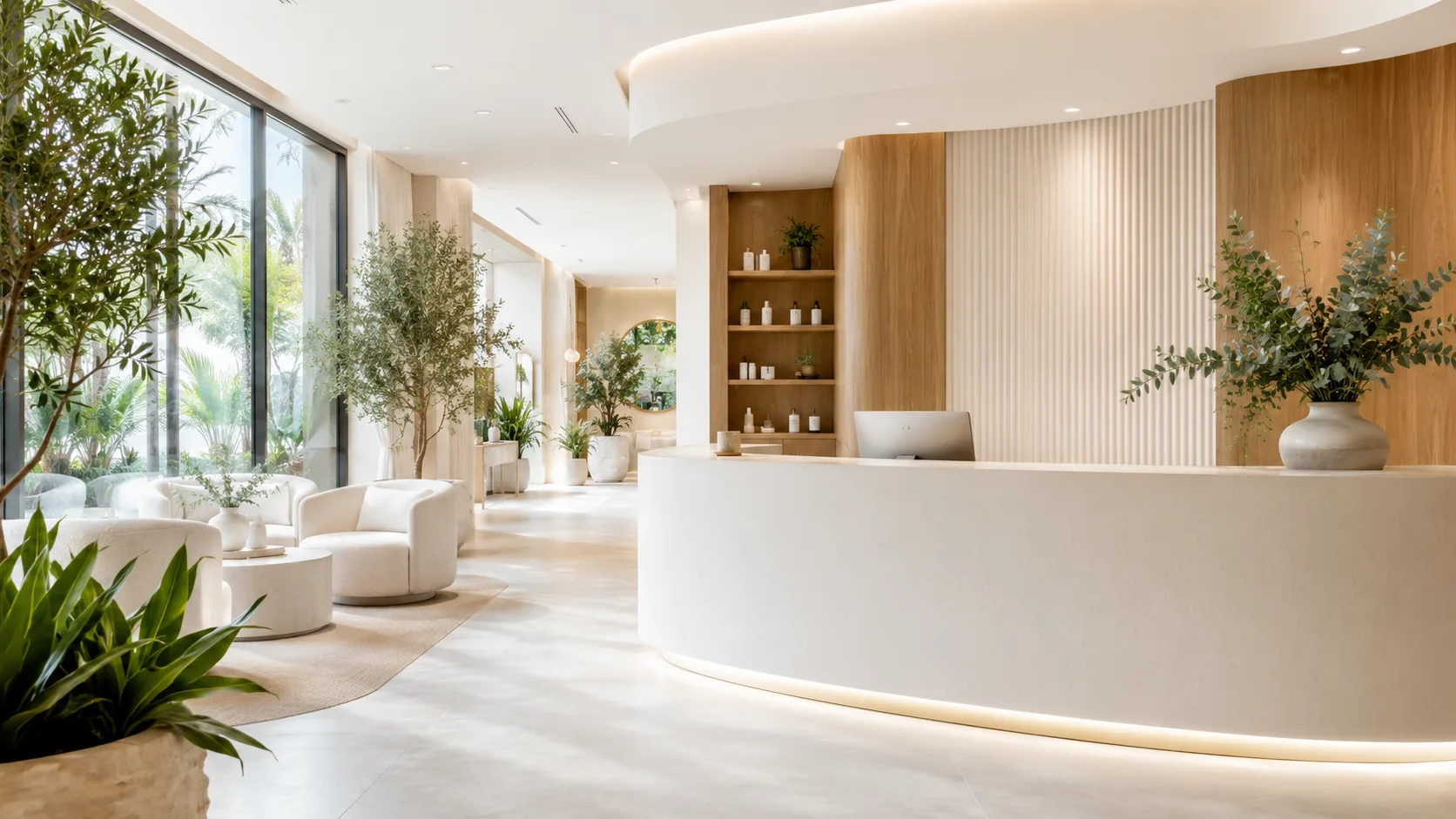 The Lumen Clinic reception — a curved warm-white desk under soft cove lighting, wood panelling, and olive trees by tall windows