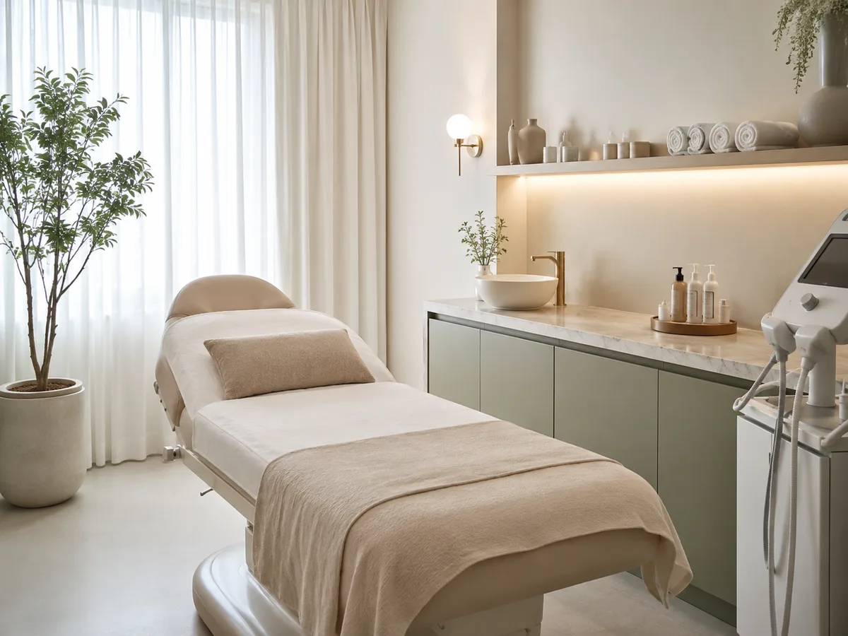 A calm treatment room — beige treatment bed with a soft throw, sage cabinetry, and sheer curtains diffusing morning light