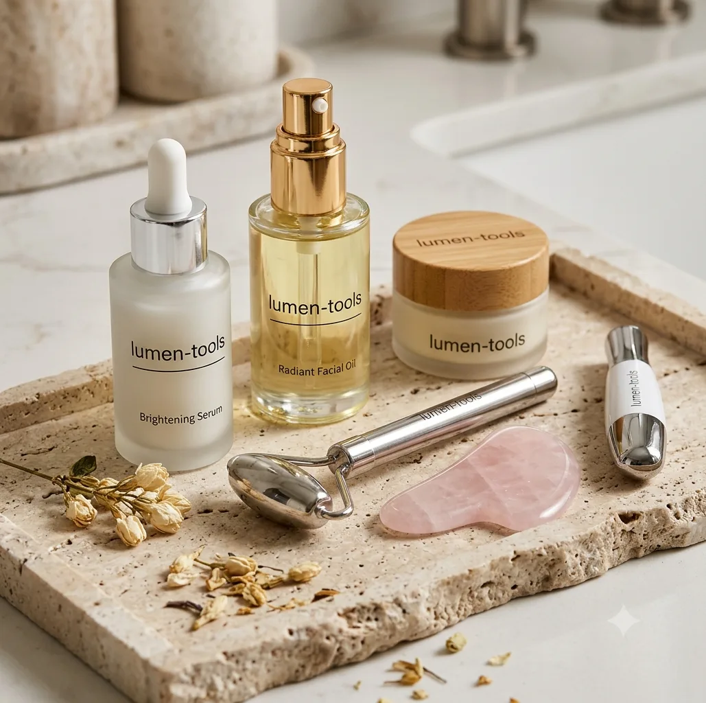 Lumen skincare bottles and rose-quartz facial tools laid out on a travertine tray with dried blossom