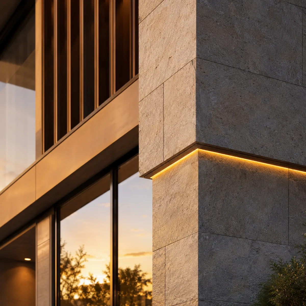 Corner of a stone facade at sunset, a thin line of warm recessed light tracing the joint beneath the upper storey