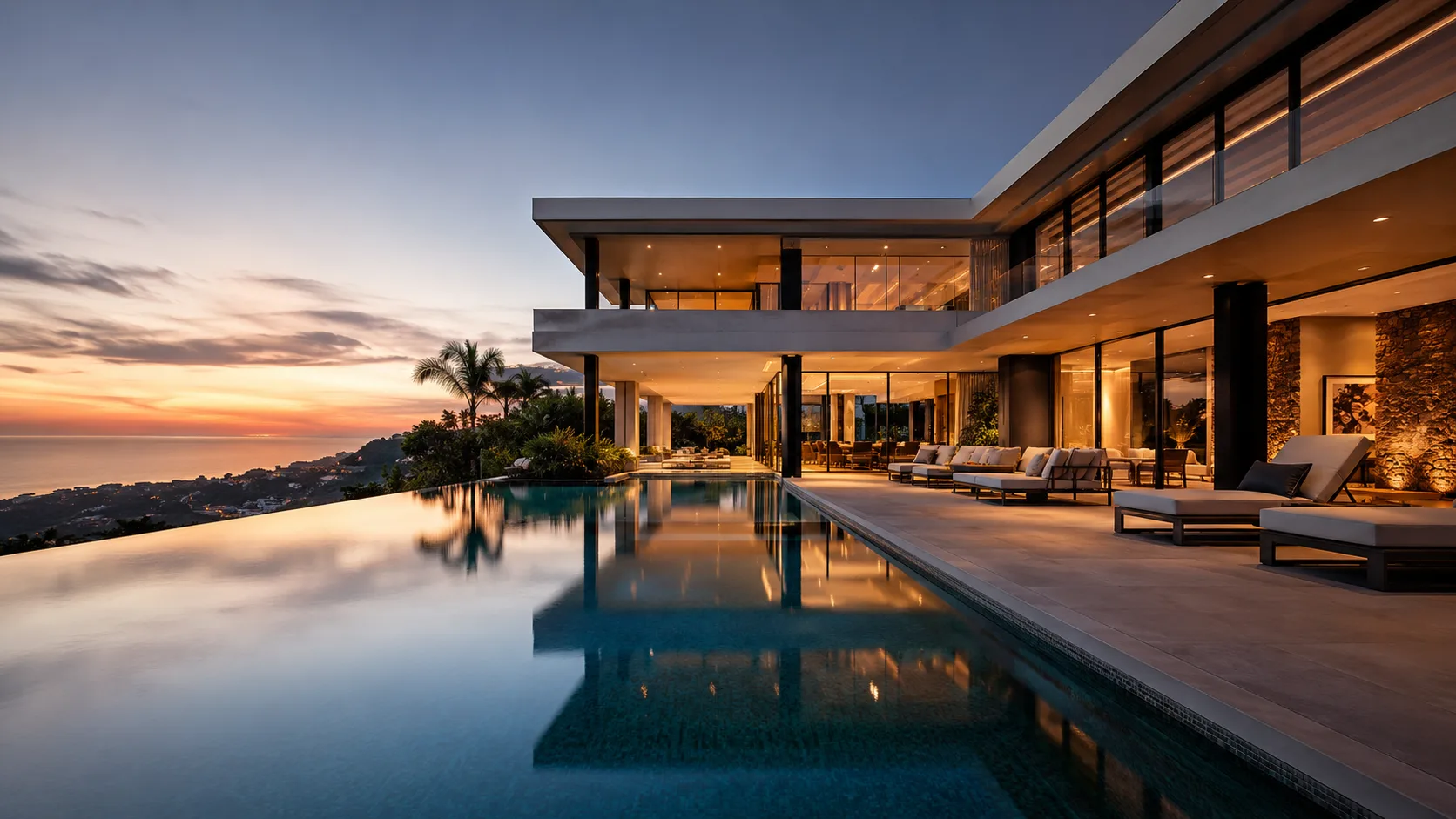 A modern glass villa at dusk, its lit rooms reflected in the infinity pool that runs the length of the terrace