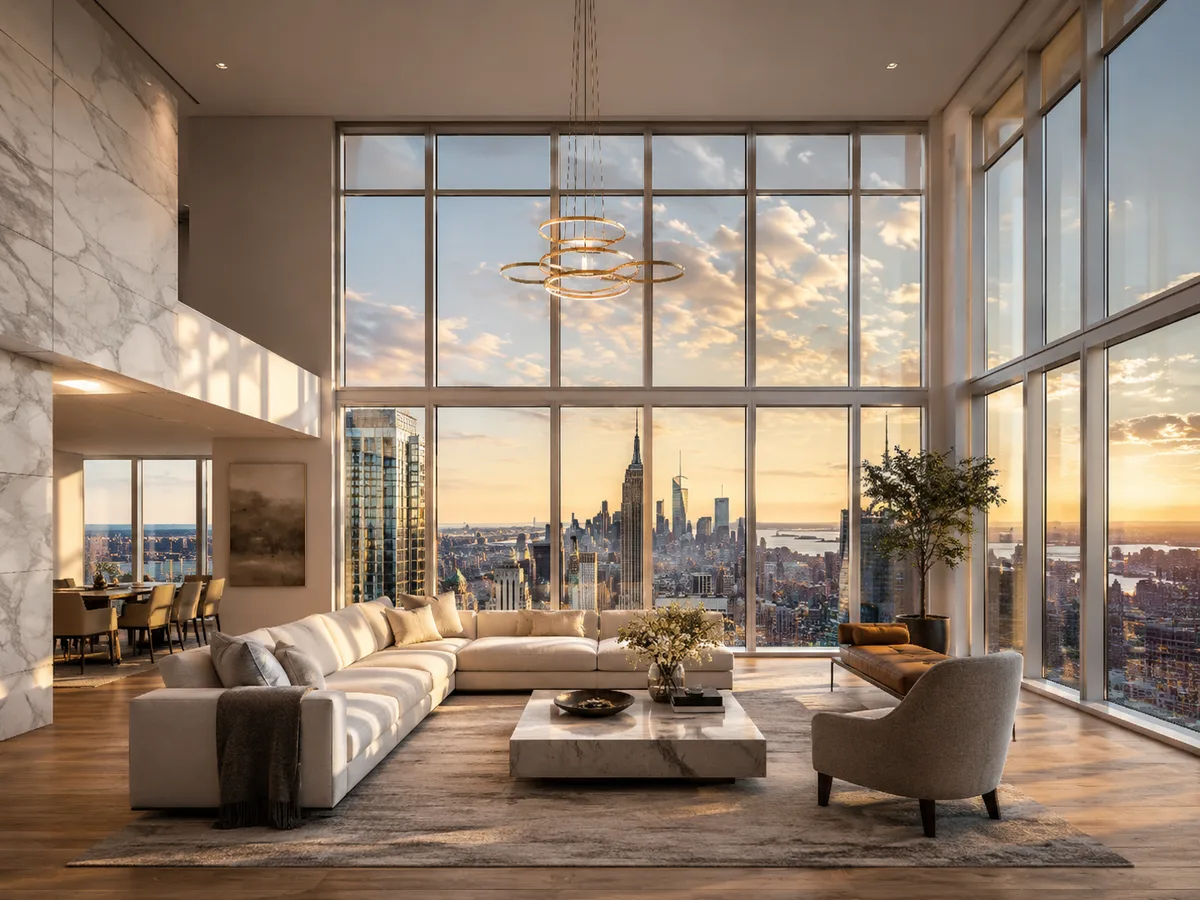 A double-height drawing room in pale marble and oak, cream sofas facing tall windows over a city skyline in late-afternoon light